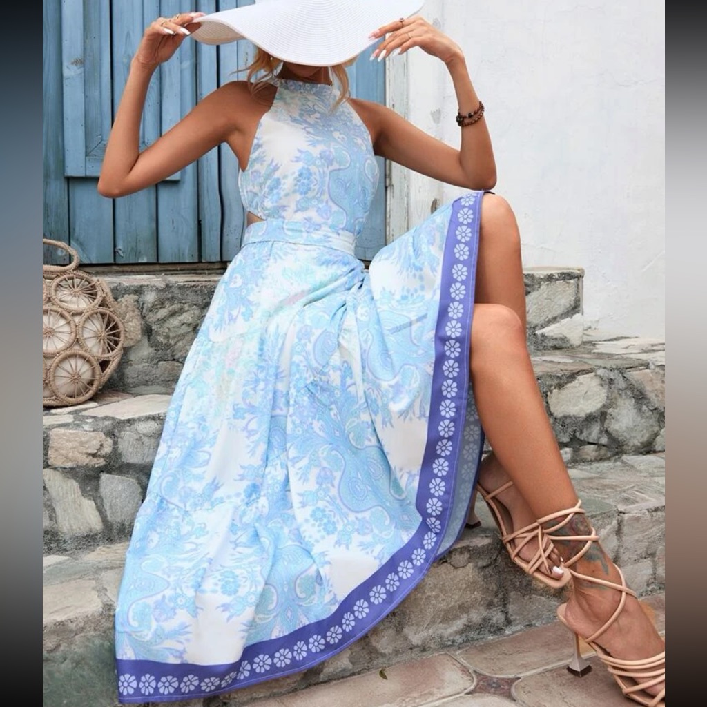 Boho Floral Print Tie Backless Ruffle Hem Halter Dress
